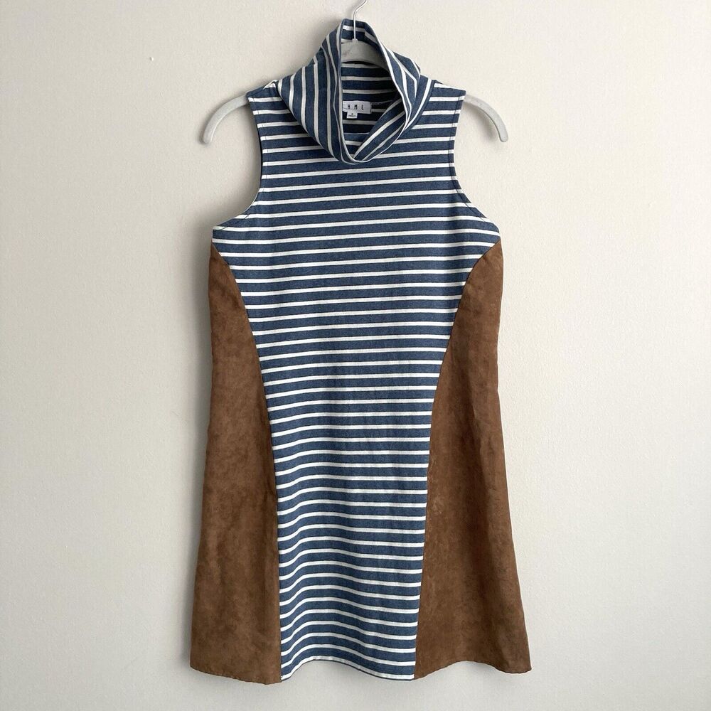 THML Anthropologie Blue Knit Faux Suede Panel Cowl Neck Shift Dress Size Small